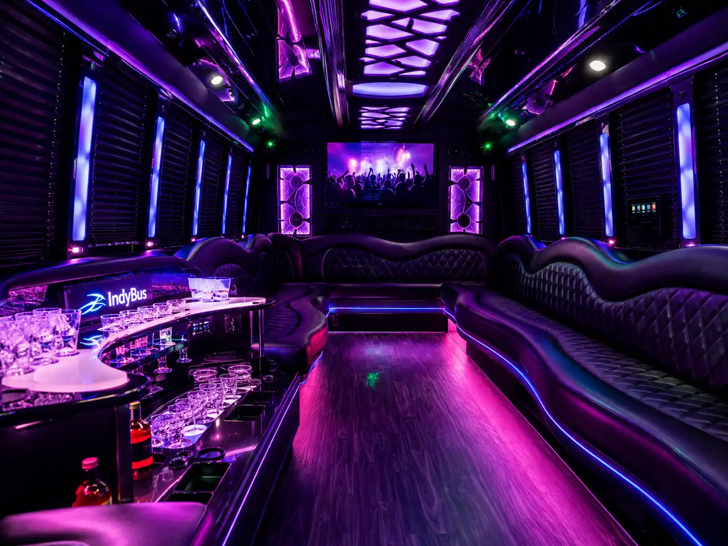 Party Bus Rental Indianapolis Interior - LED Lights, Premium Sound System, Wraparound Seating