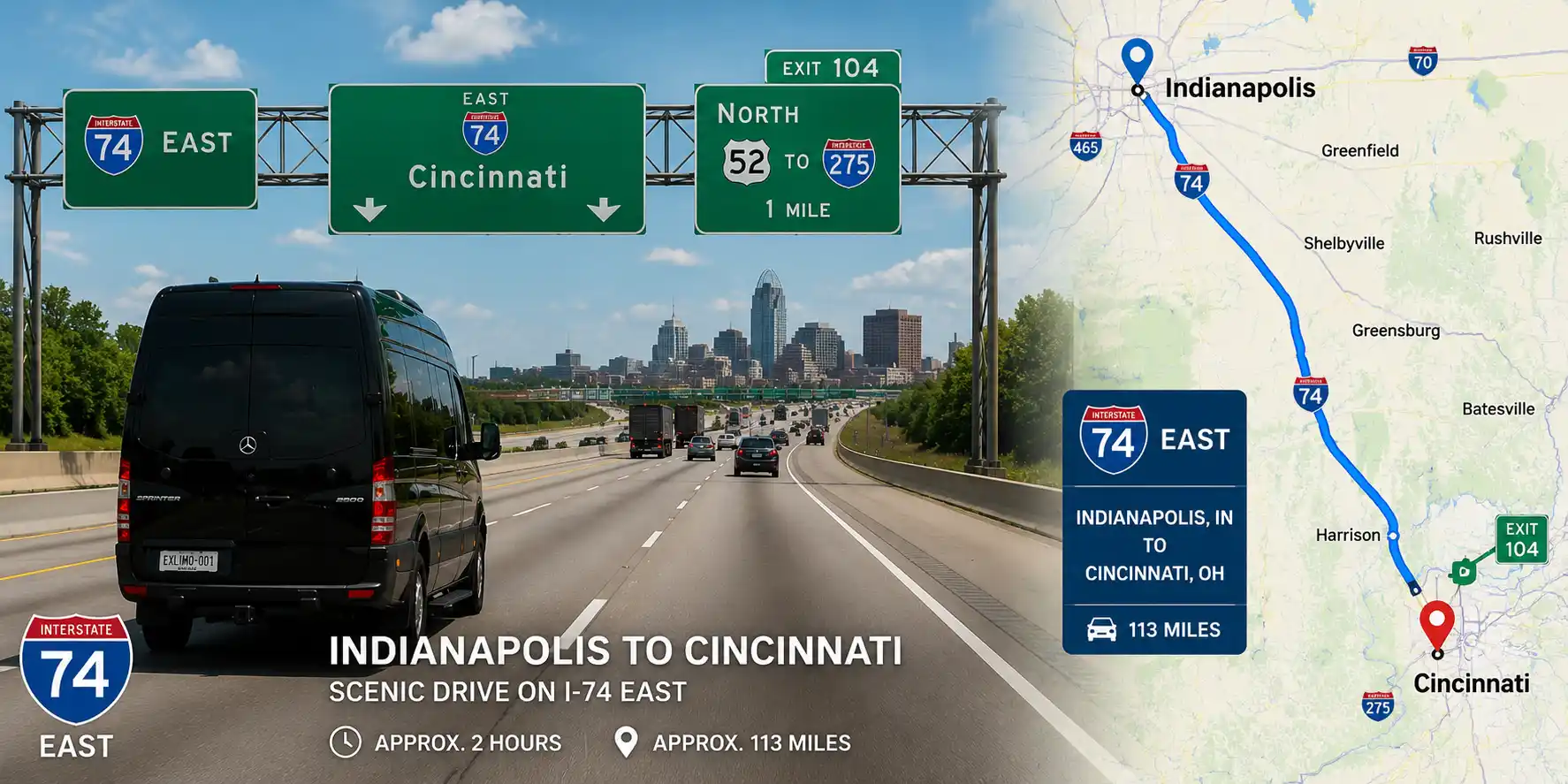 cincinnati airport shuttle indianapolis - I-74 East Highway Route 110 Miles Cross-State Journey
