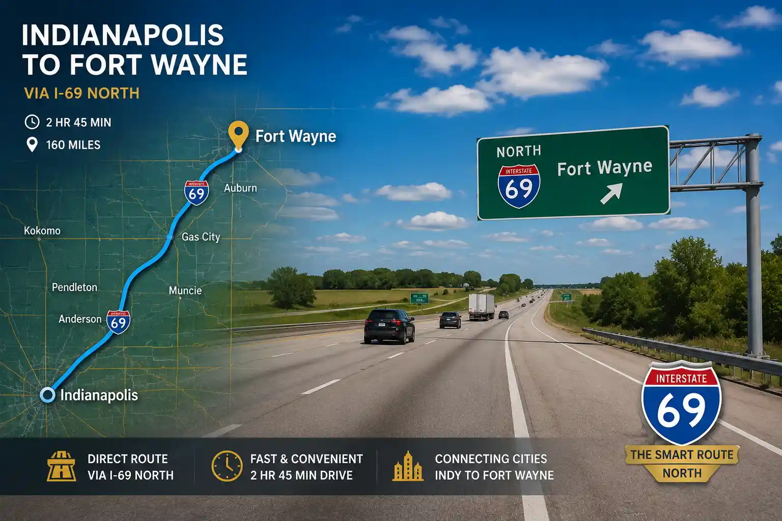 fort wayne airport shuttle indianapolis - I-69 North Highway Route 130 Miles Cross-State Indiana Journey