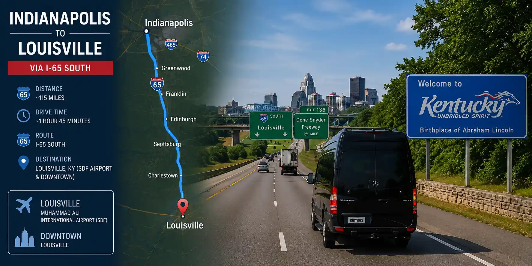 louisville airport shuttle indianapolis - I-65 South Highway Route 115 Miles Cross-State Kentucky Journey